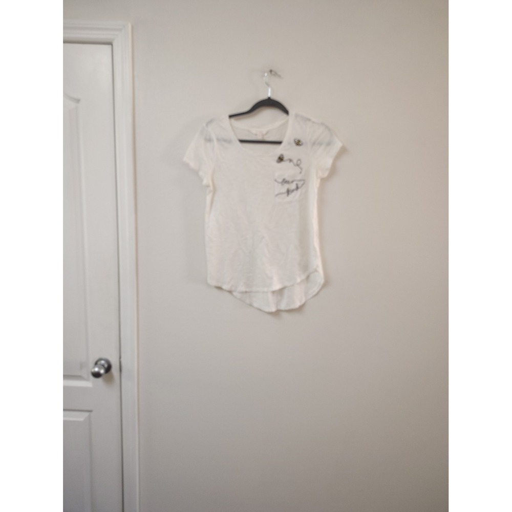 LC‎ Lauren Conrad Womens White Slub Knit Pocket Tee Embroidered One of a Kind XS